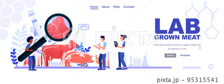 scientists team analyzing cultured red raw meat made from animal cells artificial lab grown meat production concept 95315541