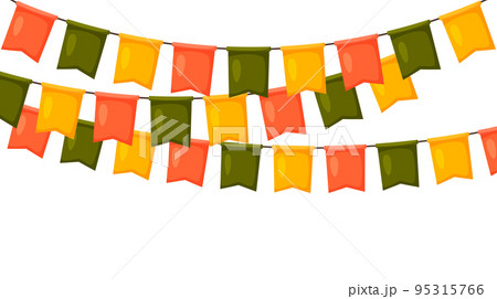 Thanksgiving bunting. Orange, green and yellow flag garland. Autumn holidays party decoration. Fall pennants chain.Celebration cartoon flags for decor. Footer and banner background 95315766
