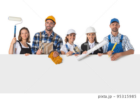 Group of industrial workers with banner Group of industrial workers with banner 95315985