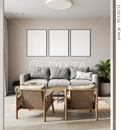 Empty poster frames on beige wall in living room interior with modern furniture, gray sofa, 3d render Empty poster frames on beige wall in living room interior with modern furniture, gray sofa, 3d render 95316212