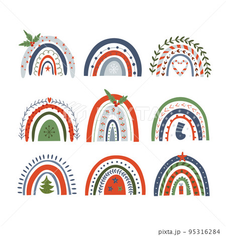 Christmas rainbow vector set. holidays decor. Rainbow for party. Flat cartoon style. Isolated on white background. Stickers with christmas. Christmas rainbow vector set. holidays decor. Rainbow for party. Flat cartoon style. Isolated on white background. Stickers with christmas. 95316284