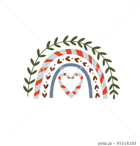 Christmas rainbow vector in red and blue color with leaf. Christmas holidays decor. Rainbow for children party. Doodle cartoon style. Isolated on white background. 95316285