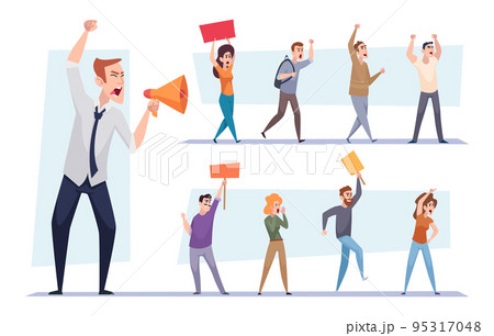 Protested people. Strike crowd with banners holding demonstration placard exact vector cartoon illustrations set 95317048