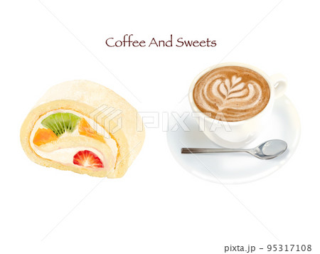 フルーツと生クリームのロールケーキとラテの白バックイラストー手描き素材 フルーツと生クリームのロールケーキとラテの白バックイラストー手描き素材 95317108