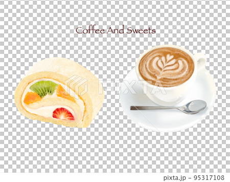 フルーツと生クリームのロールケーキとラテの白バックイラストー手描き素材 フルーツと生クリームのロールケーキとラテの白バックイラストー手描き素材 95317108