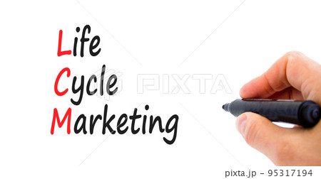 LCM lifecycle marketing symbol. Concept words LCM lifecycle marketing on a beautiful white background. Businessman hand. Business LCM lifecycle marketing concept. Copy space. 95317194