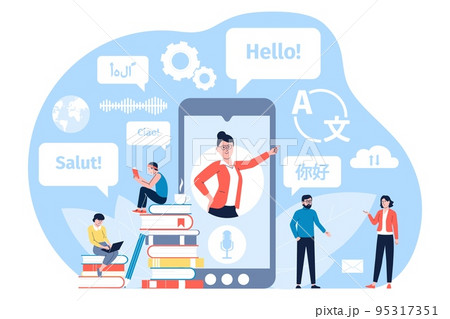 Device translator and dictionary app. Digital translations service for study or business. Online language translators with voice support, recent smart vector scene 95317351