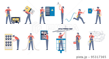 Electricity workers work with transformer, maintenance energy objects. Electrical safety, technician electrician man and power supply. Recent service vector characters Electricity workers work with transformer, maintenance energy objects. Electrical safety, technician electrician man and power supply. Recent service vector characters 95317365