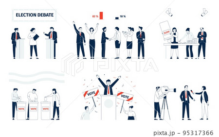 Election and voting, candidates meeting on political debate. Support democracy crowd, citizen rights on electoral. Vote campaign recent vector characters 95317366