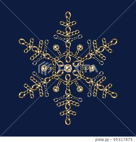 Fancy snowflake made of jewelry gold chains and shiny ball beads. 6 side snowflake. Elegant jewel illustration for winter sales, christmas, new year holiday, gift decoration. Fancy snowflake made of jewelry gold chains and shiny ball beads. 6 side snowflake. Elegant jewel illustration for winter sales, christmas, new year holiday, gift decoration. 95317875