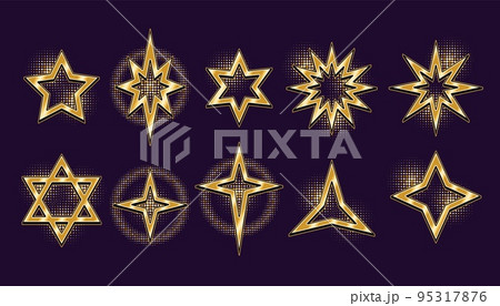 Set of golden stars in vintage style. Gold thick outline with round halftone shapes like stars light effect. Vector illustration 95317876