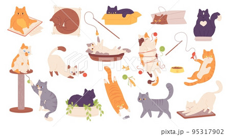 Doodle playing cats. Funny kitten characters, cute cat play with ball or box, kawaii lazy home pet adorable kitty sleep lying crazy sticker collection garish vector illustration 95317902