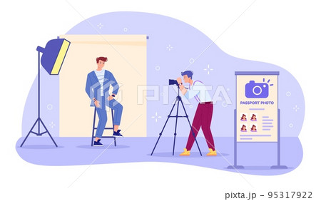 Shooting photo for documents. Photographer shoot photo portrait image for document, professional photograph studio work photographing session on mirror camera, vector illustration Shooting photo for documents. Photographer shoot photo portrait image for document, professional photograph studio work photographing session on mirror camera, vector illustration 95317922