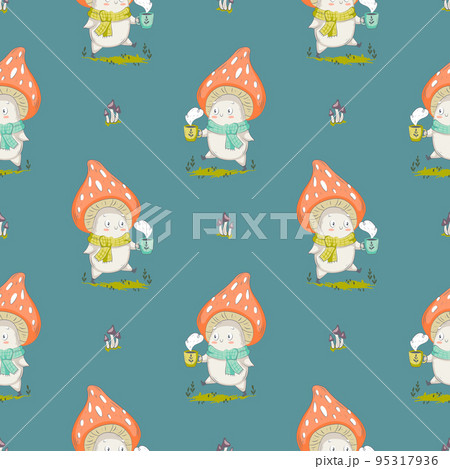 Mushroom cartoon vector illustration for posters, T-shirt print, postcard. Kids card print template and seamless background pattern Mushroom cartoon vector illustration for posters, T-shirt print, postcard. Kids card print template and seamless background pattern 95317936