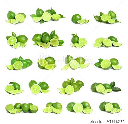 Set of fresh ripe limes on white background 95318272