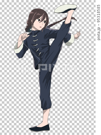 一個穿著中國服裝擺姿勢踢功夫明星式辮子的男人 95318585
