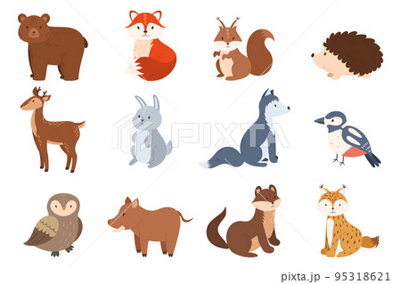 Set Of Forest Animals Bear, Fox, Deer And Rabbit. Squirrel, Hedgehog, Wolf And Bird, Owl, Lynx, Boar, Ferret Or Weasel Set Of Forest Animals Bear, Fox, Deer And Rabbit. Squirrel, Hedgehog, Wolf And Bird, Owl, Lynx, Boar, Ferret Or Weasel 95318621