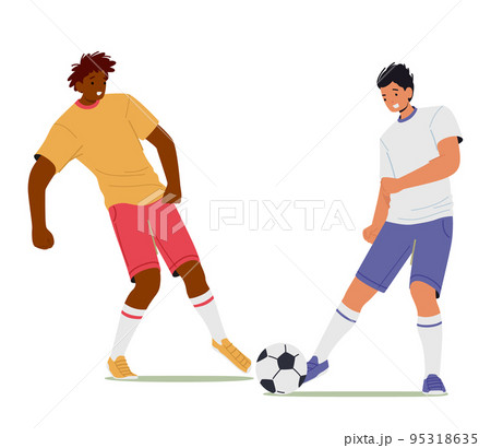 Couple Of Young Men In Sports Uniform Practicing Football Game. Soccer Players Kicking Ball, Competition, School League 95318635