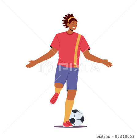 Happy Black Sportsman Soccer Player Win, Celebrate Victory And Goal. Character In Red Football Sportswear Run With Ball 95318653