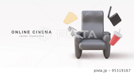 3d realistic cinema chair with comfortable elbows, tickets, drink, glasses and clapperboard. Vector illustration. 95319167