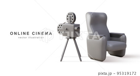 3d realistic retro camera and Cinema armchair. Vector illustration. 95319172