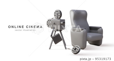 3d realistic retro camera, clapperboard and Cinema armchair and cinema reels. Vector illustration. 3d realistic retro camera, clapperboard and Cinema armchair and cinema reels. Vector illustration. 95319173