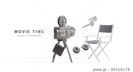 3d realistic retro camera, clapperboard, Film reels, glasses and director chair. Vector illustration. 95319178
