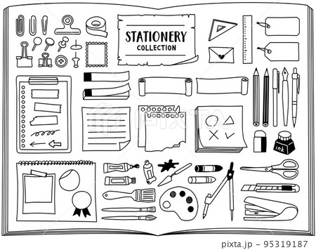 手書きの文房具と紙の線画イラストセット 95319187