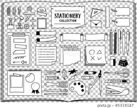 手書きの文房具と紙の線画イラストセット 95319187