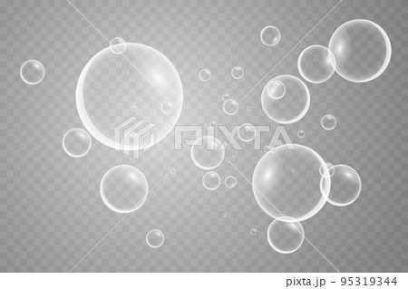 A set of colorful and colorful soap bubbles to create a design. Isolated, transparent, realistic soap bubbles on a transparent background. 95319344