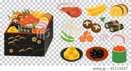 A set of osechi and ingredients 95319387