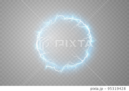 Ball lightning on a light transparent blue background. Vector illustration, abstract electric lightning. Light flash, thunder, spark. Ball lightning on a light transparent blue background. Vector illustration, abstract electric lightning. Light flash, thunder, spark. 95319428