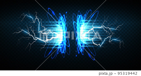 Magic portals on the night scene. Blue round holograms with rays of light and sparkles. Glowing futuristic teleport tunnel with copy space on black background. 95319442