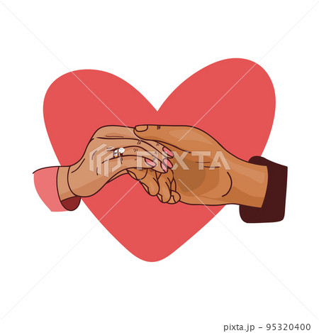 man putting engagement ring on woman hand, outdoor. marriage proposal. doodle Graphic vector illustration.  95320400