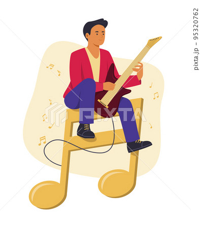 Man Playing the Electric Guitar while Sitting on Big Musical Note Symbol Man Playing the Electric Guitar while Sitting on Big Musical Note Symbol 95320762