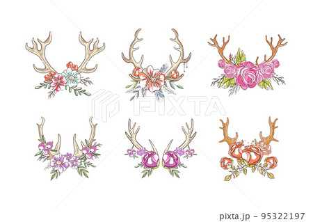 Beautiful Deer Antlers or Horns with Blooming Flowers Bouquet Vector Set 95322197