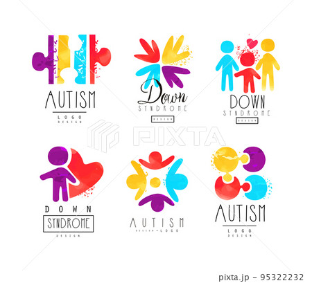 Autism and Down Syndrome Abstract Emblems with Puzzle and Bright Hand Palm Vector Set 95322232