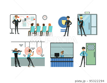 Man and Woman Police Officer Working in Department Sitting on Reception and Shooting with Pistol Vector Set 95322294