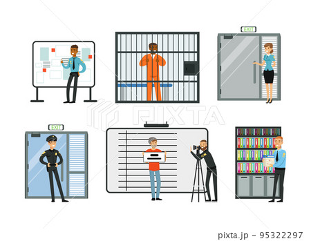 Man and Woman Police Officer Working in Department with Arrested Criminal Vector Set 95322297