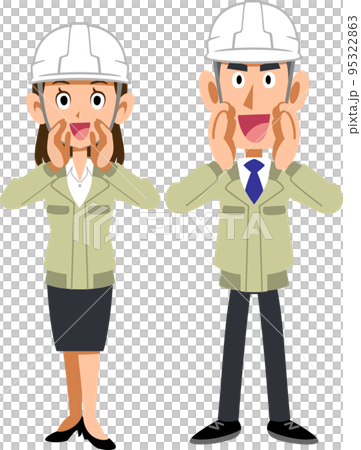 A man and woman in a construction shop wearing a helmet calling out loud 95322863
