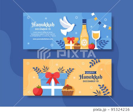 Hanukkah Jewish Holiday Horizontal Banner Flat Cartoon Hand Drawn Templates Illustration 95324216