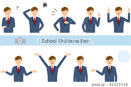 男子生徒、ブレザーの制服ポーズセット、疑問・悩む・引き受ける・指さしetc 男子生徒、ブレザーの制服ポーズセット、疑問・悩む・引き受ける・指さしetc 95325538