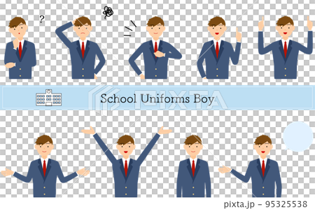 男子生徒、ブレザーの制服ポーズセット、疑問・悩む・引き受ける・指さしetc 男子生徒、ブレザーの制服ポーズセット、疑問・悩む・引き受ける・指さしetc 95325538