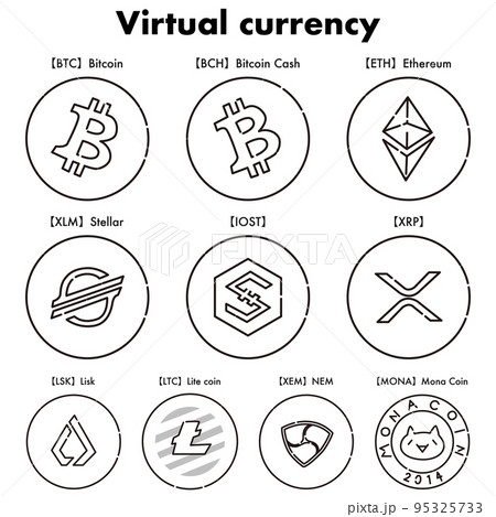 様々な種類の仮想通貨のアイコンセット（白黒） 95325733