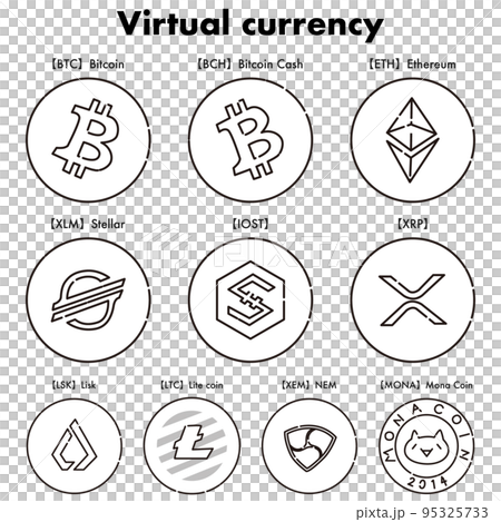様々な種類の仮想通貨のアイコンセット（白黒） 95325733
