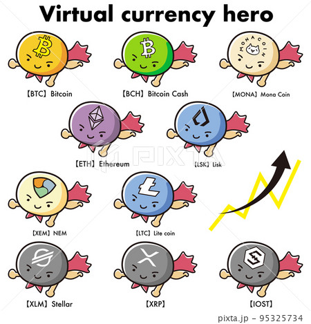 様々な種類の仮想通貨のヒーローのイラストセット 95325734