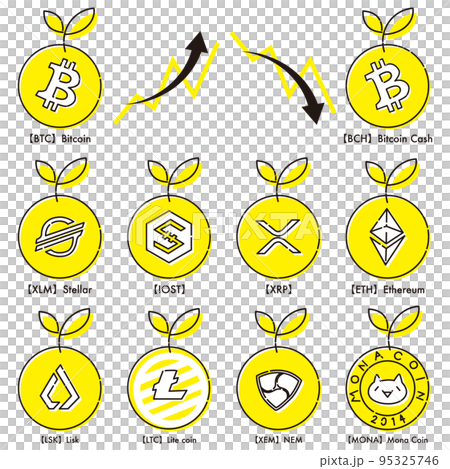 様々な種類の仮想通貨を育てるイメージのアイコンセット 95325746