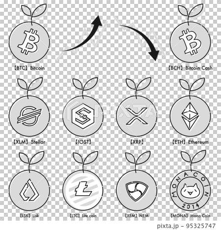 様々な種類の仮想通貨を育てるイメージのアイコンセット（白黒） 95325747