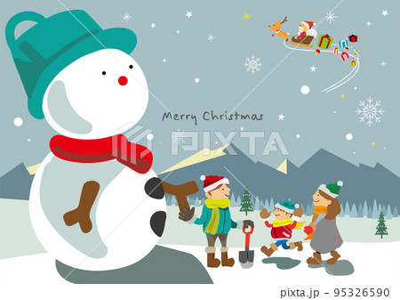 クリスマスに大きな雪だるまをつくる親子のかわいいイラスト クリスマスに大きな雪だるまをつくる親子のかわいいイラスト 95326590