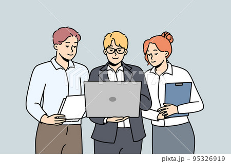 Business people stand together, look to computer. 95326919